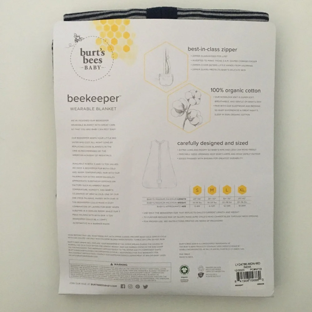 Burt's Bees Wearable Baby Blanket 100% Organic Cotton Beekeeper 6-12M Size Med